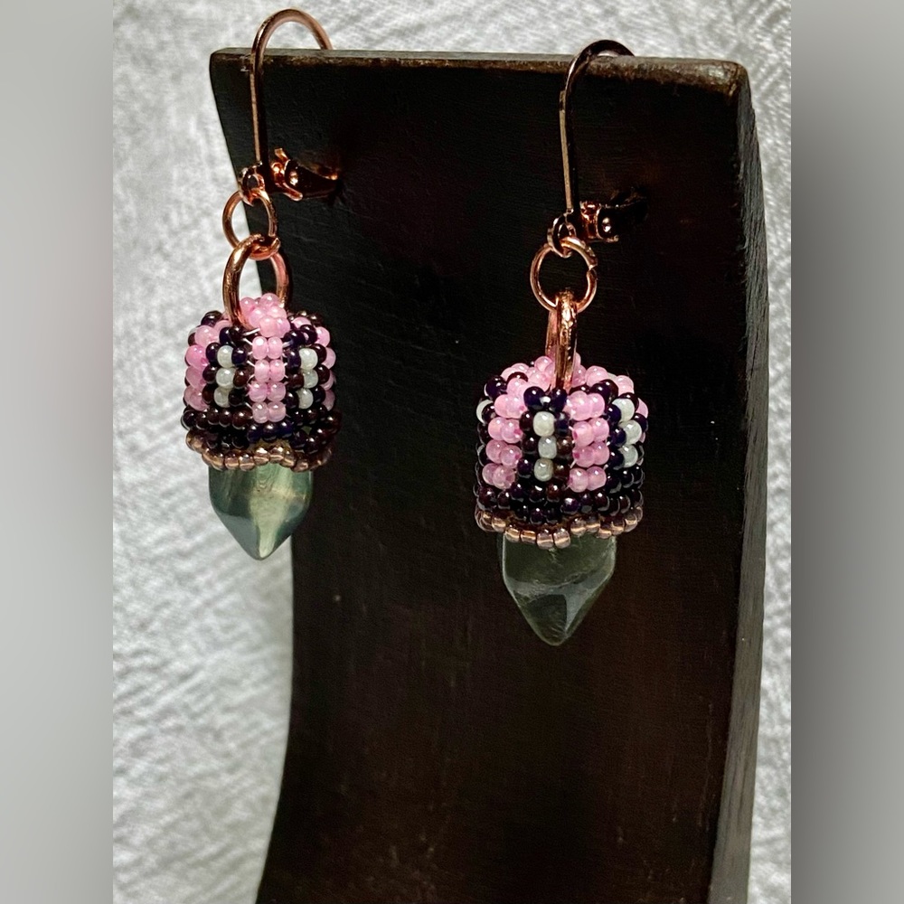 Green Fluorite Beaded Earrings Pink Black White